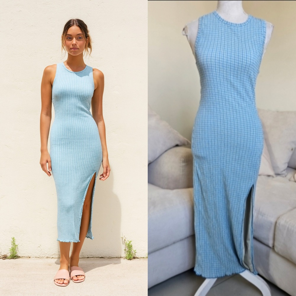 Wilfred Free Gingham Sleeveless‎ Midi Dress Side Slit Bodycon Blue Size S